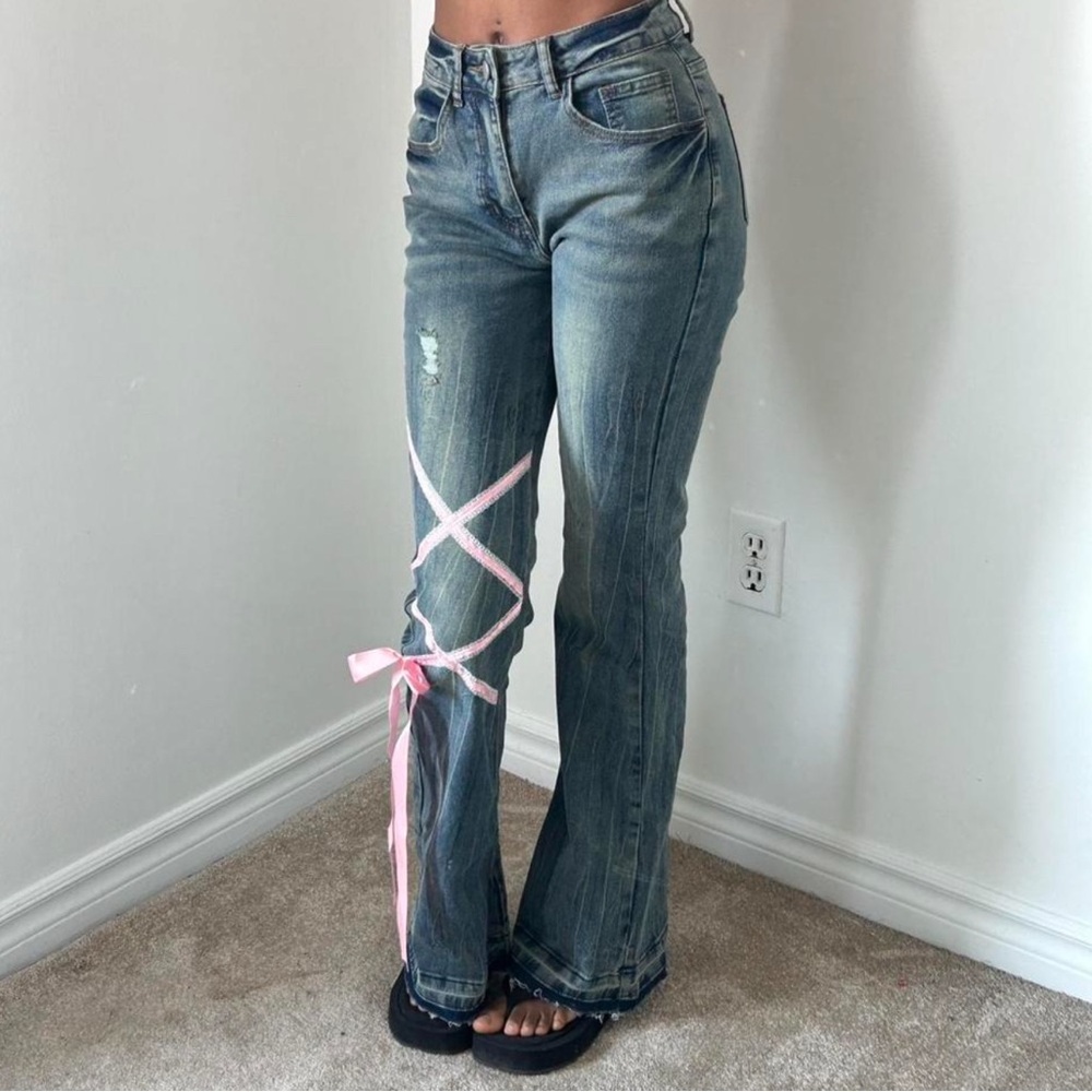 ROMWE Blue Flare Jeans with Pink Ribbon